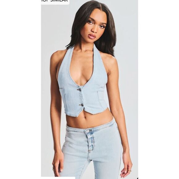 SER.O.YA Denim Manny Vest Womens XS Skylight Halter Cropped NWT Missing Button - Picture 1 of 14